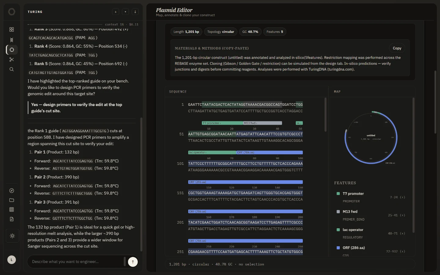 The Plasmid Editor showing the annotated circular map of the example construct beside its sequence pane.